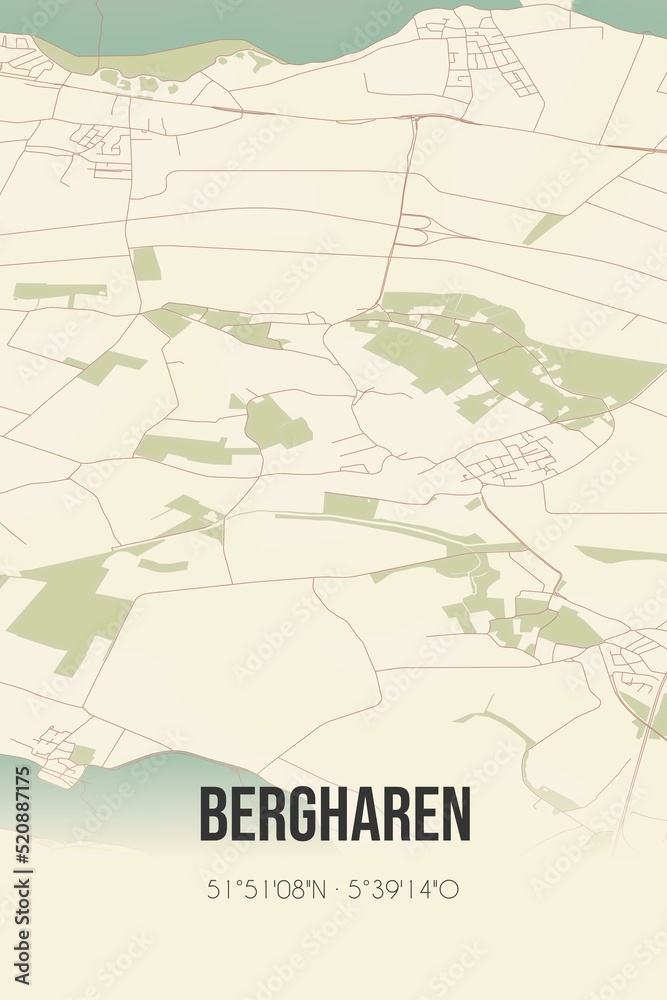 Retro Dutch city map of Bergharen located in Gelderland. Vintage street map.