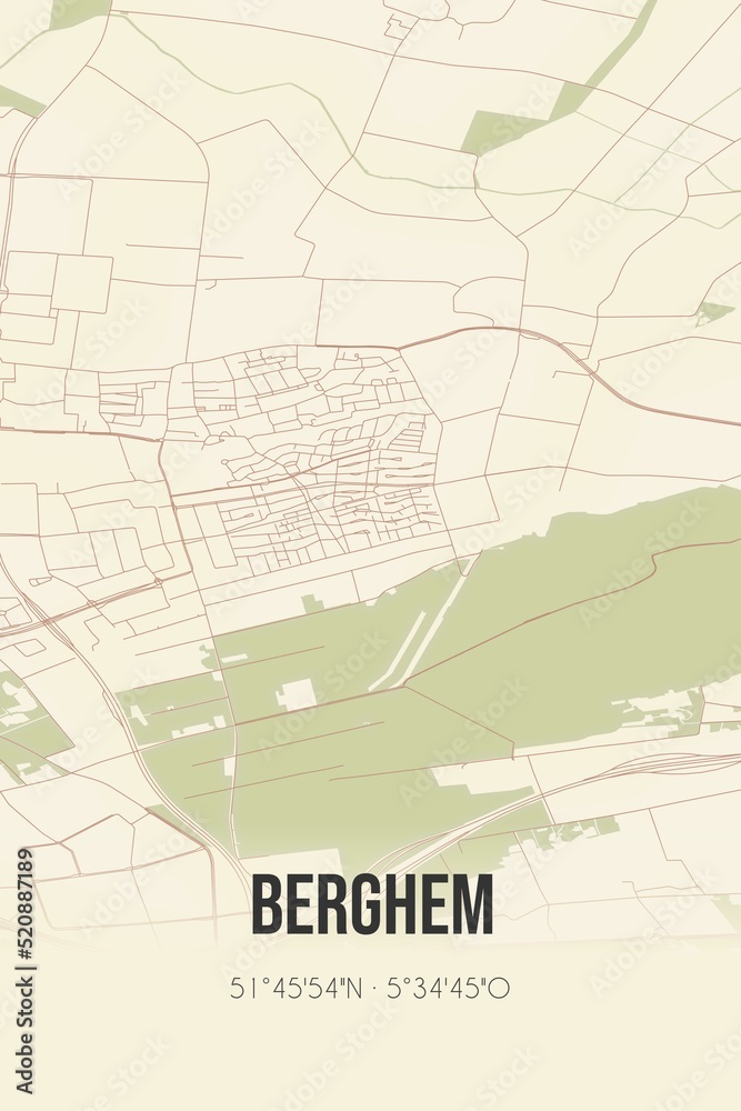 Retro Dutch city map of Berghem located in Noord-Brabant. Vintage street map.