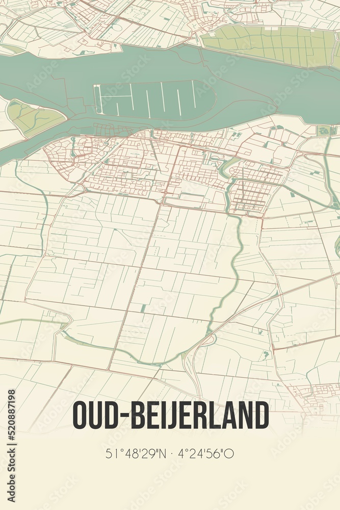 Obraz premium Retro Dutch city map of Oud-Beijerland located in Zuid-Holland. Vintage street map.