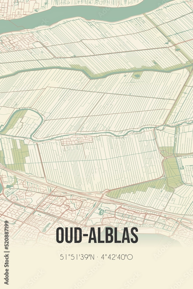 Obraz premium Retro Dutch city map of Oud-Alblas located in Zuid-Holland. Vintage street map.
