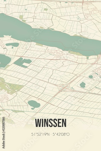 Retro Dutch city map of Winssen located in Gelderland. Vintage street map.