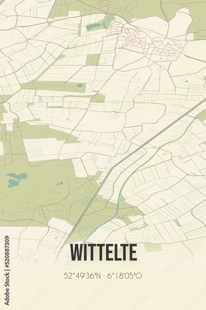 Retro Dutch city map of Wittelte located in Drenthe. Vintage street map.