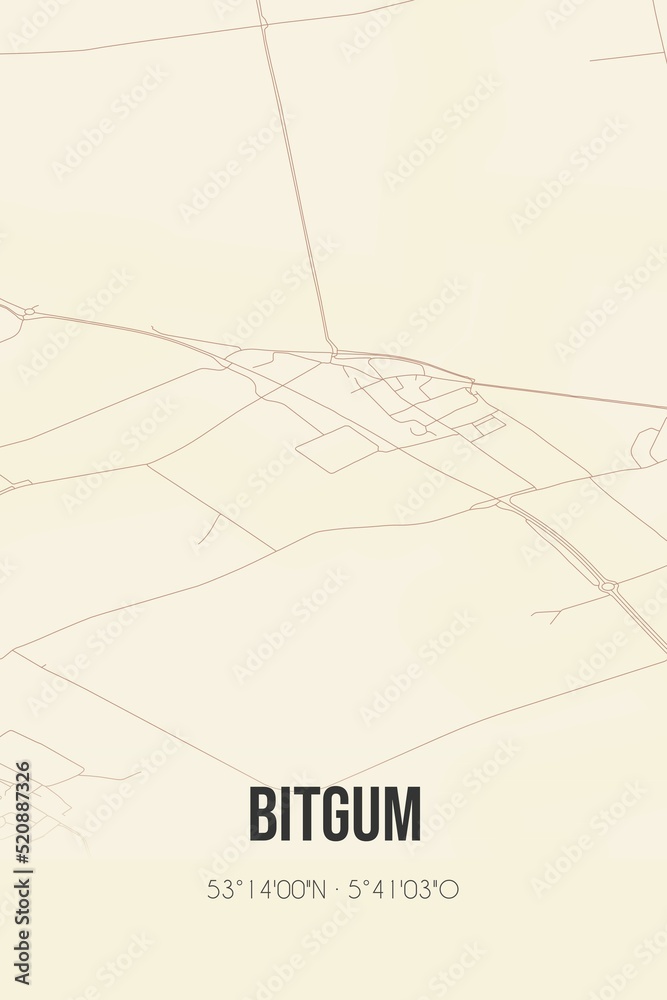 Retro Dutch city map of Bitgum located in Fryslan. Vintage street map.