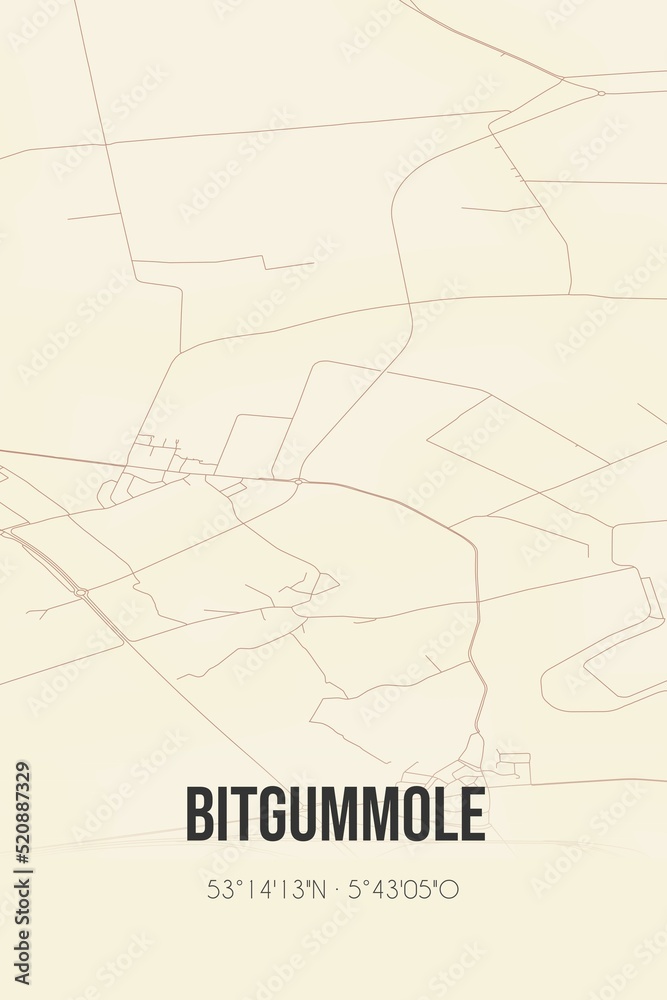 Retro Dutch city map of Bitgummole located in Fryslan. Vintage street map.