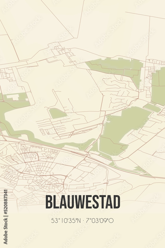 Retro Dutch city map of Blauwestad located in Groningen. Vintage street map.