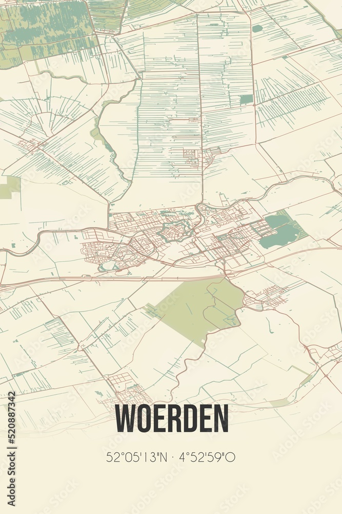 Retro Dutch city map of Woerden located in Utrecht. Vintage street map.