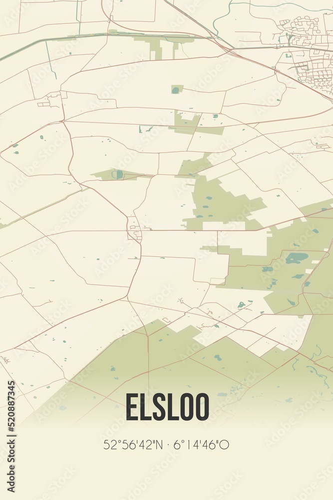 Retro Dutch city map of Elsloo located in Fryslan. Vintage street map.