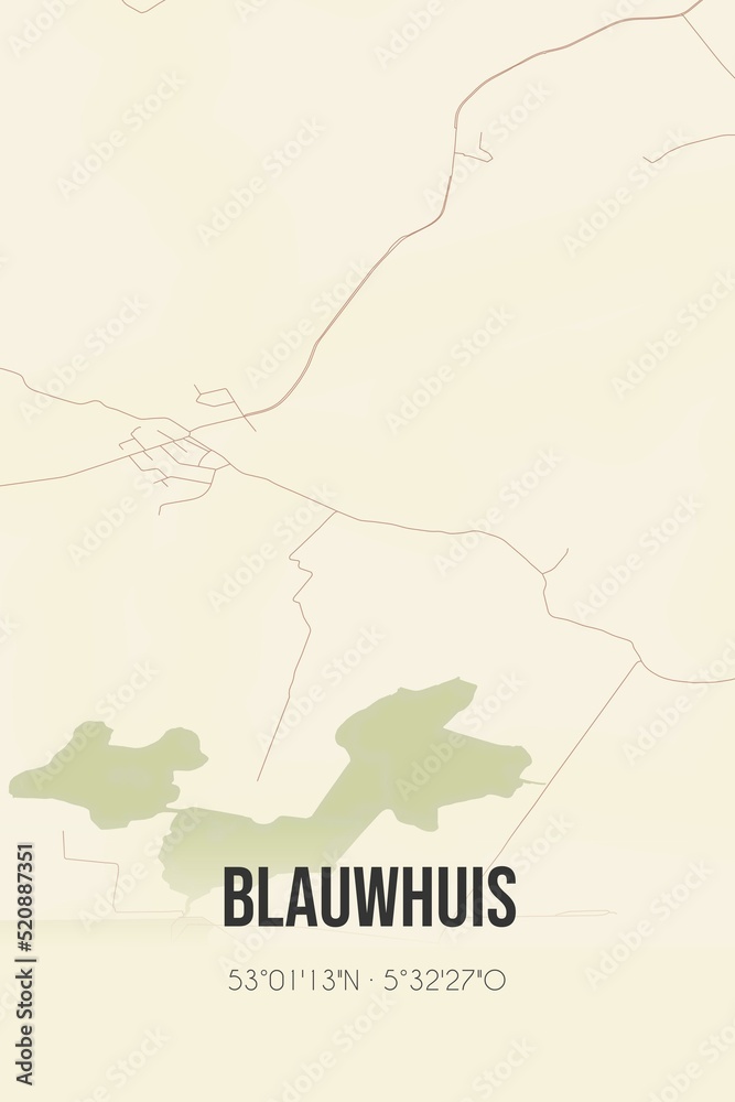 Obraz premium Retro Dutch city map of Blauwhuis located in Fryslan. Vintage street map.