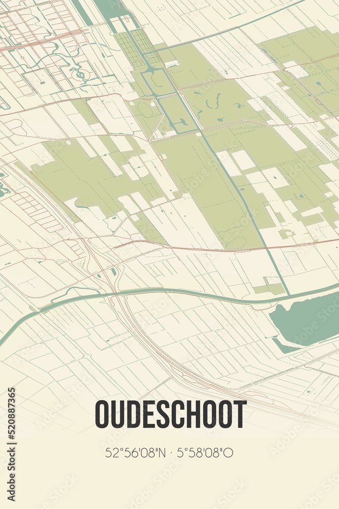 Retro Dutch city map of Oudeschoot located in Fryslan. Vintage street map. Retro Dutch city map of Oudeschoot located in Fryslan. Vintage street map.