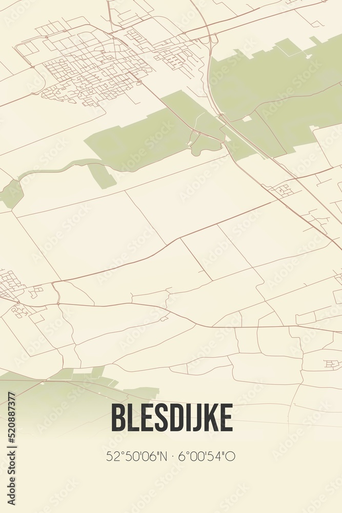 Retro Dutch city map of Blesdijke located in Fryslan. Vintage street map.