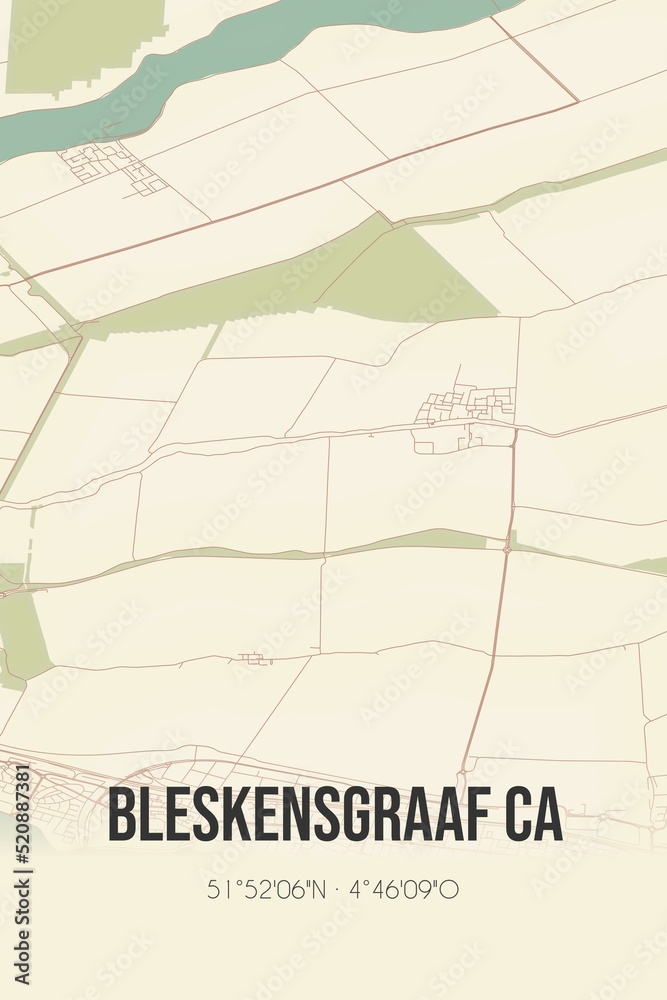 Retro Dutch city map of Bleskensgraaf ca located in Zuid-Holland. Vintage street map.