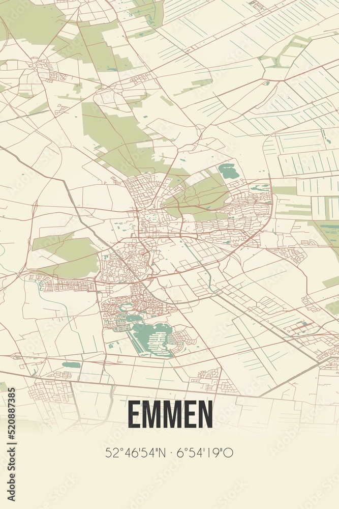 Retro Dutch city map of Emmen located in Drenthe. Vintage street map.