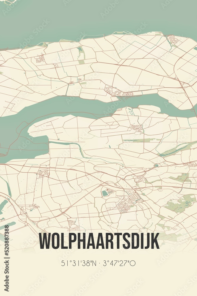 Retro Dutch city map of Wolphaartsdijk located in Zeeland. Vintage street map.
