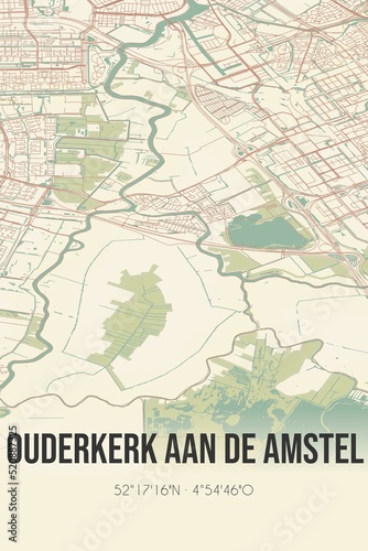 Retro Dutch city map of Ouderkerk aan de Amstel located in Noord-Holland. Vintage street map.