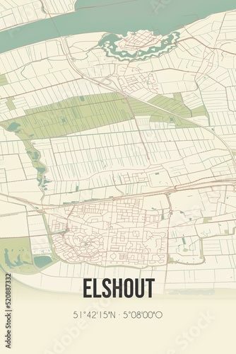 Retro Dutch city map of Elshout located in Noord-Brabant. Vintage street map.