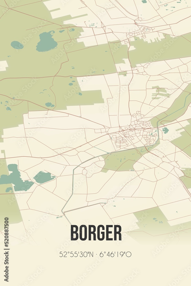 Retro Dutch city map of Borger located in Drenthe. Vintage street map.