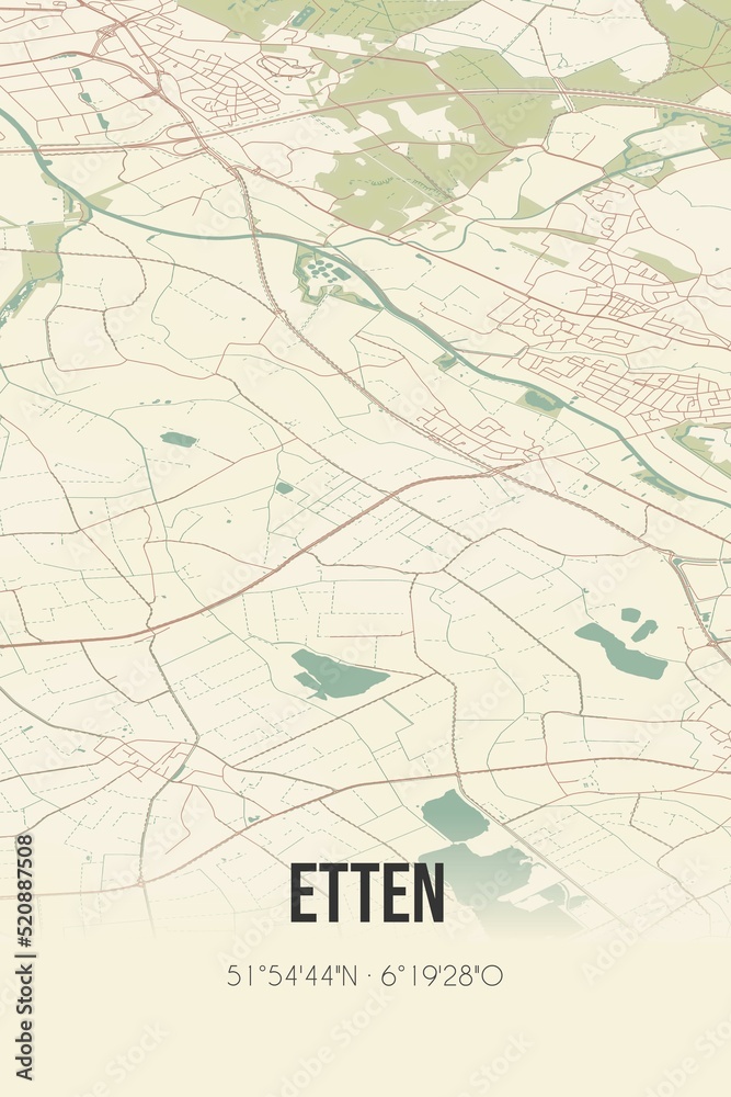 Retro Dutch city map of Etten located in Gelderland. Vintage street map.