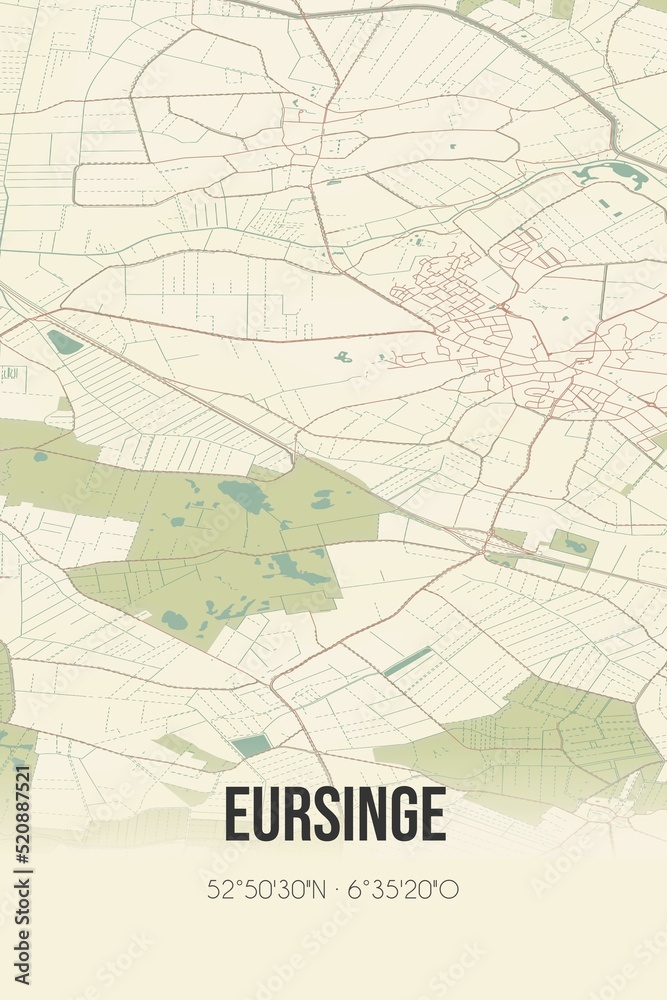 Retro Dutch city map of Eursinge located in Drenthe. Vintage street map.