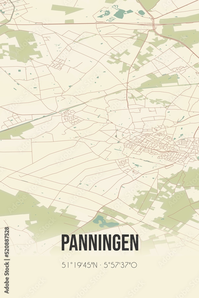 Retro Dutch city map of Panningen located in Limburg. Vintage street map.