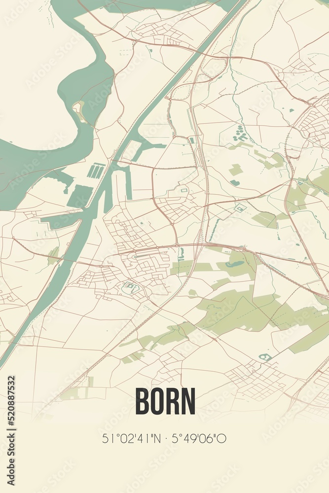 Obraz premium Retro Dutch city map of Born located in Limburg. Vintage street map.