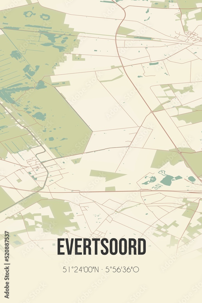 Retro Dutch city map of Evertsoord located in Limburg. Vintage street map.