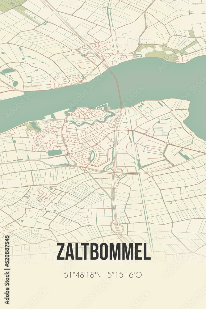 Retro Dutch city map of Zaltbommel located in Gelderland. Vintage street map.