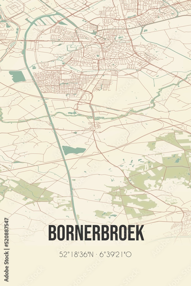 Retro Dutch city map of Bornerbroek located in Overijssel. Vintage street map.