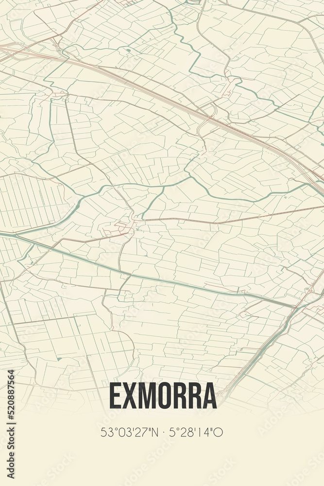 Retro Dutch city map of Exmorra located in Fryslan. Vintage street map.