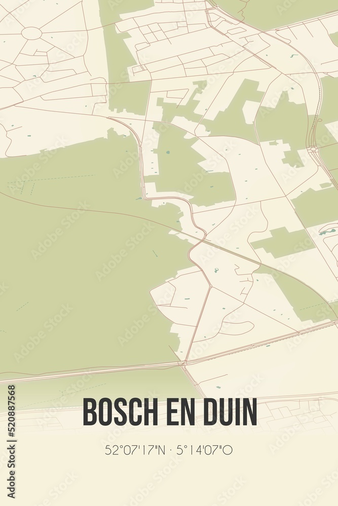 Retro Dutch city map of Bosch en Duin located in Utrecht. Vintage street map.