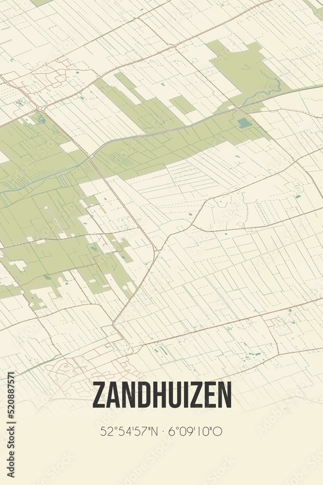 Retro Dutch city map of Zandhuizen located in Fryslan. Vintage street map.