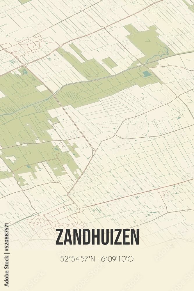 Retro Dutch city map of Zandhuizen located in Fryslan. Vintage street map. Retro Dutch city map of Zandhuizen located in Fryslan. Vintage street map.