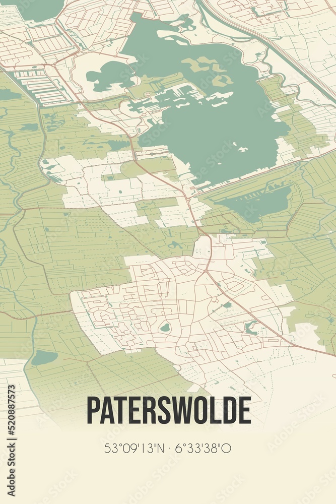 Retro Dutch city map of Paterswolde located in Drenthe. Vintage street map.