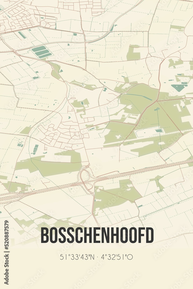 Retro Dutch city map of Bosschenhoofd located in Noord-Brabant. Vintage street map.