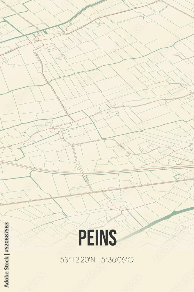 Retro Dutch city map of Peins located in Fryslan. Vintage street map.