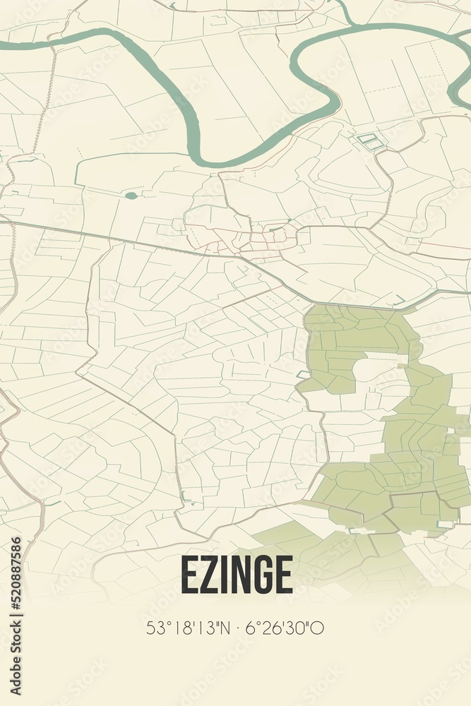 Retro Dutch city map of Ezinge located in Groningen. Vintage street map.