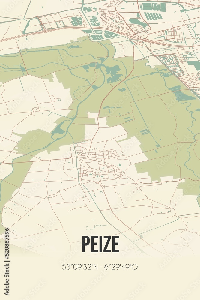 Retro Dutch city map of Peize located in Drenthe. Vintage street map.