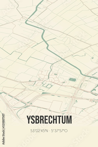 Retro Dutch city map of Ysbrechtum located in Fryslan. Vintage street map.