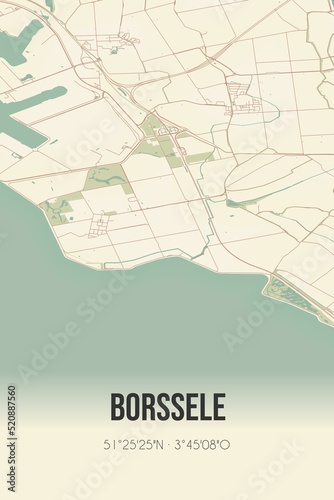 Retro Dutch city map of Borssele located in Zeeland. Vintage street map.