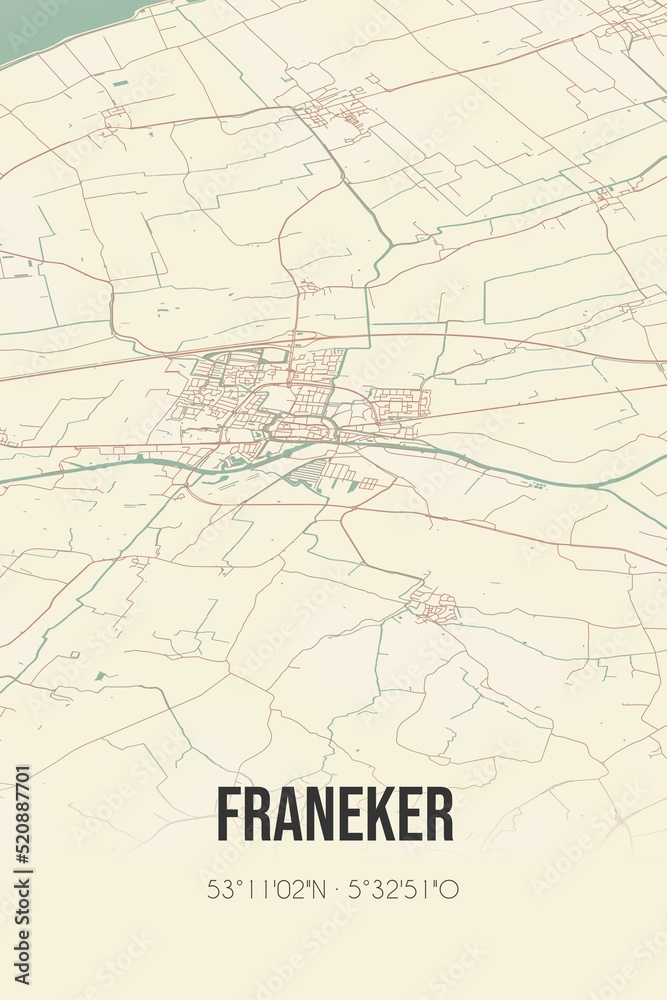 Retro Dutch city map of Franeker located in Fryslan. Vintage street map. Retro Dutch city map of Franeker located in Fryslan. Vintage street map.