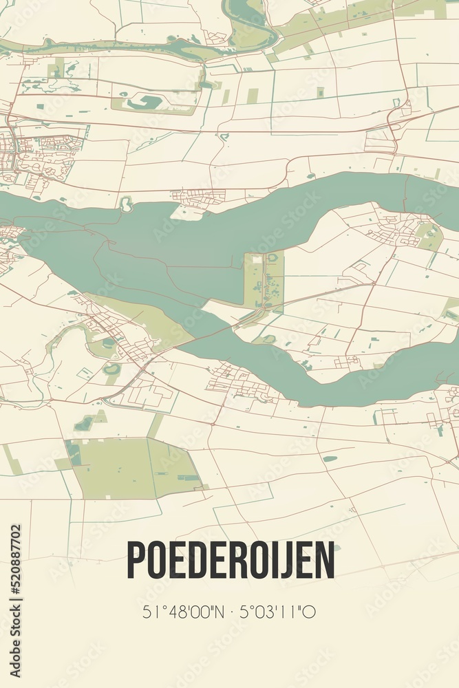 Retro Dutch city map of Poederoijen located in Gelderland. Vintage street map. Retro Dutch city map of Poederoijen located in Gelderland. Vintage street map.