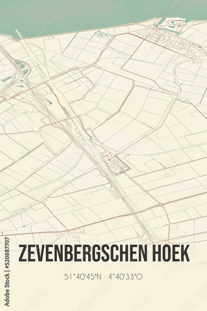 Retro Dutch city map of Zevenbergschen Hoek located in Noord-Brabant. Vintage street map.