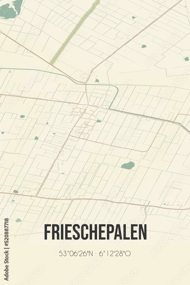 Retro Dutch city map of Frieschepalen located in Fryslan. Vintage street map.