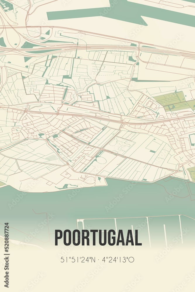 Retro Dutch city map of Poortugaal located in Zuid-Holland. Vintage street map.