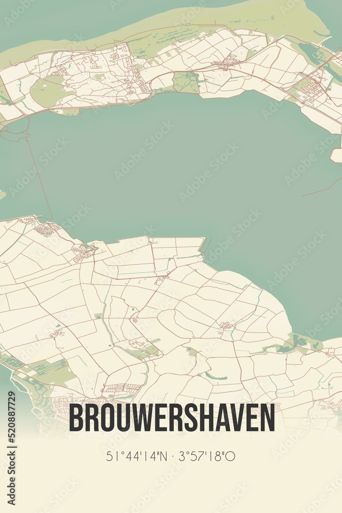 Retro Dutch city map of Brouwershaven located in Zeeland. Vintage street map.