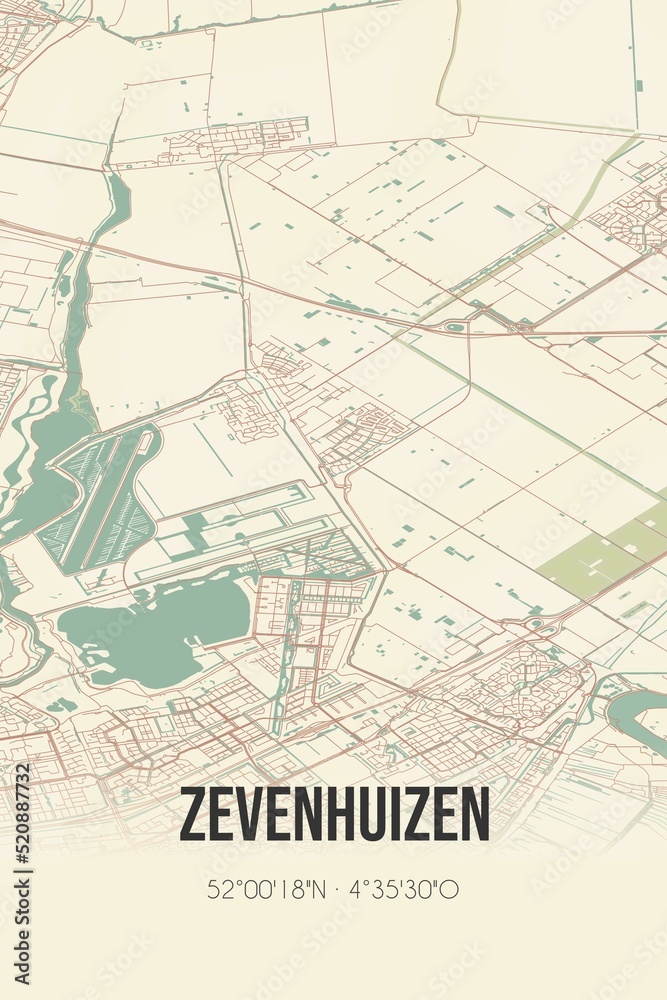 Retro Dutch city map of Zevenhuizen located in Zuid-Holland. Vintage street map.
