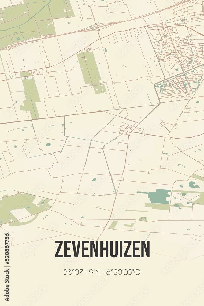 Retro Dutch city map of Zevenhuizen located in Groningen. Vintage street map.