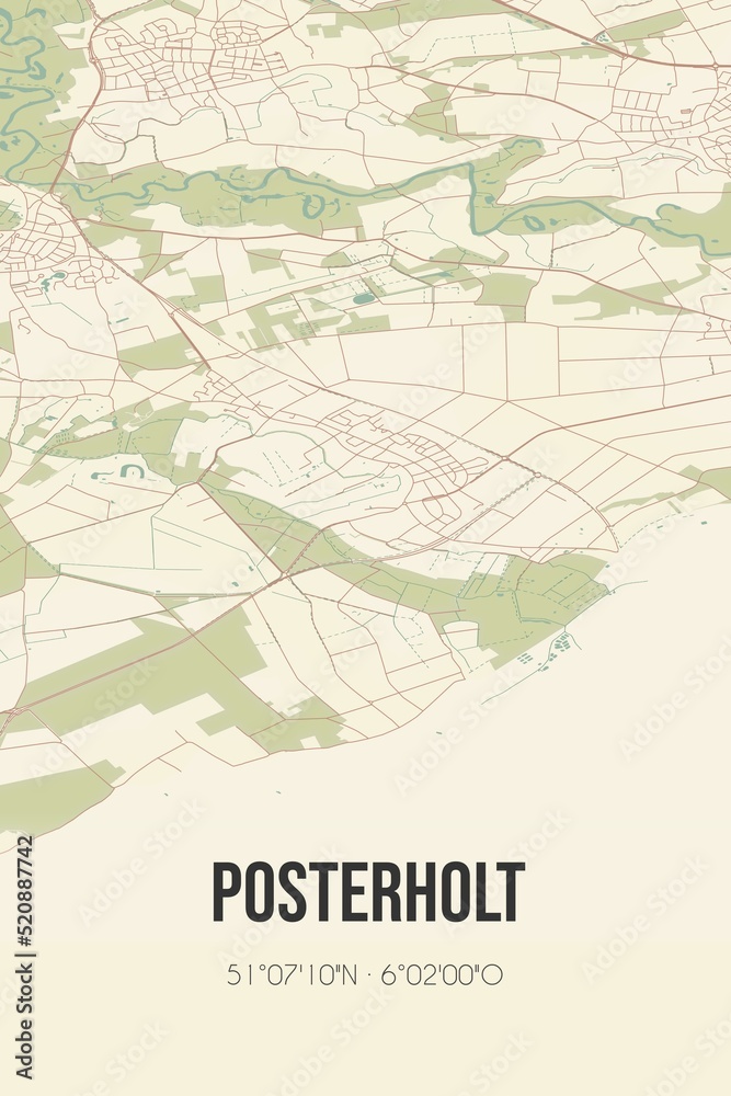 Retro Dutch city map of Posterholt located in Limburg. Vintage street map.