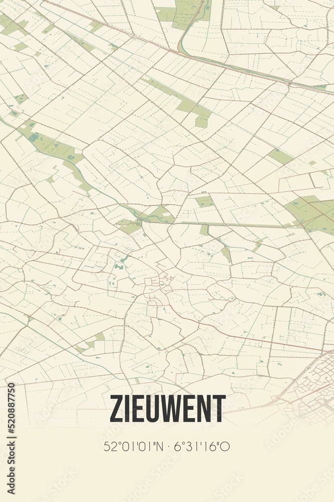 Retro Dutch city map of Zieuwent located in Gelderland. Vintage street map.
