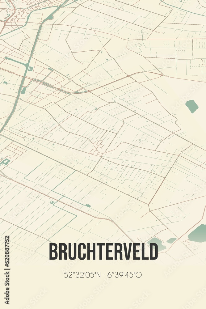 Retro Dutch city map of Bruchterveld located in Overijssel. Vintage street map.
