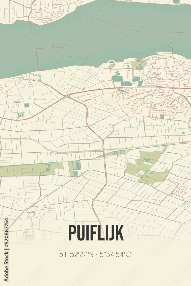 Retro Dutch city map of Puiflijk located in Gelderland. Vintage street map.